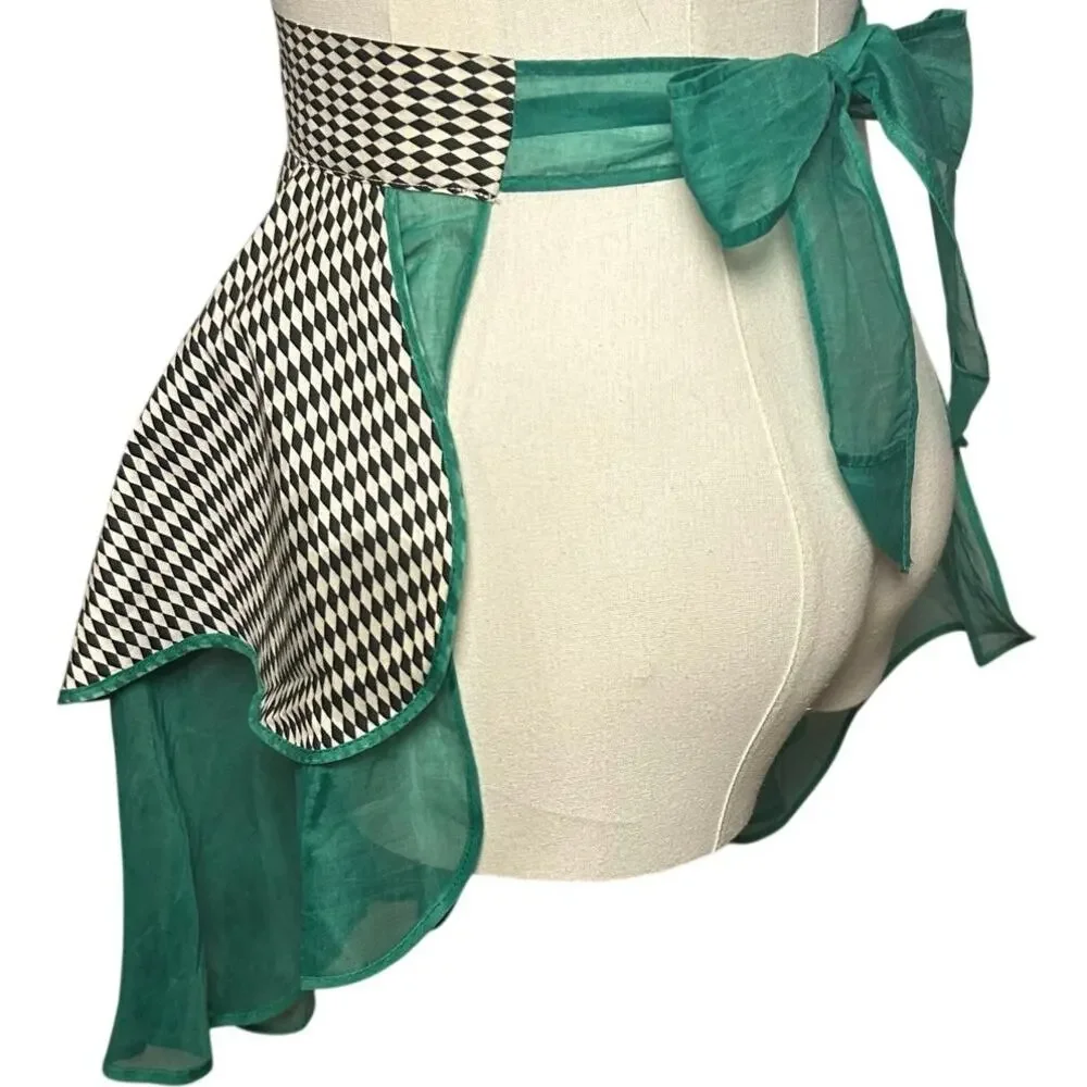VTG 1950s Harlequin Organza Hostess Apron Green Sheer Ruffle Miu Miu Style OS